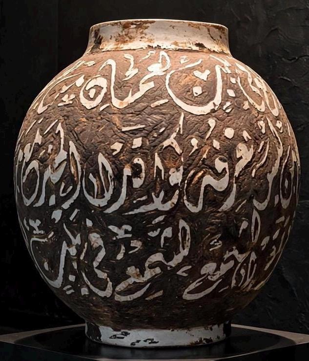 19th century Moroccan Arabic calligraphy clay vase with intricate designs, handcrafted by Justmorocco.