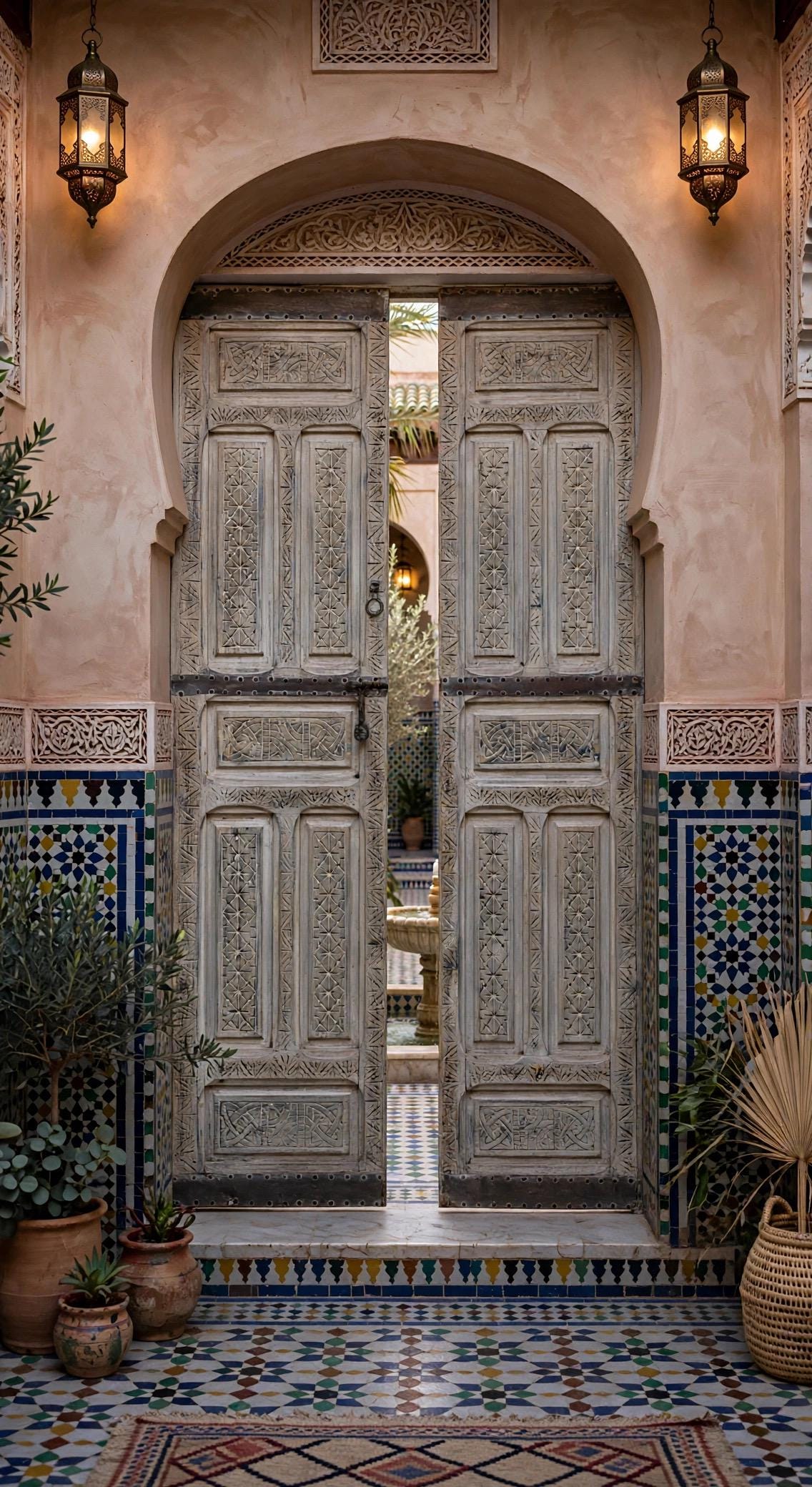 Handmade Vintage Moroccan Carved Double Door, White Cedar Wood (80.5x44.5)