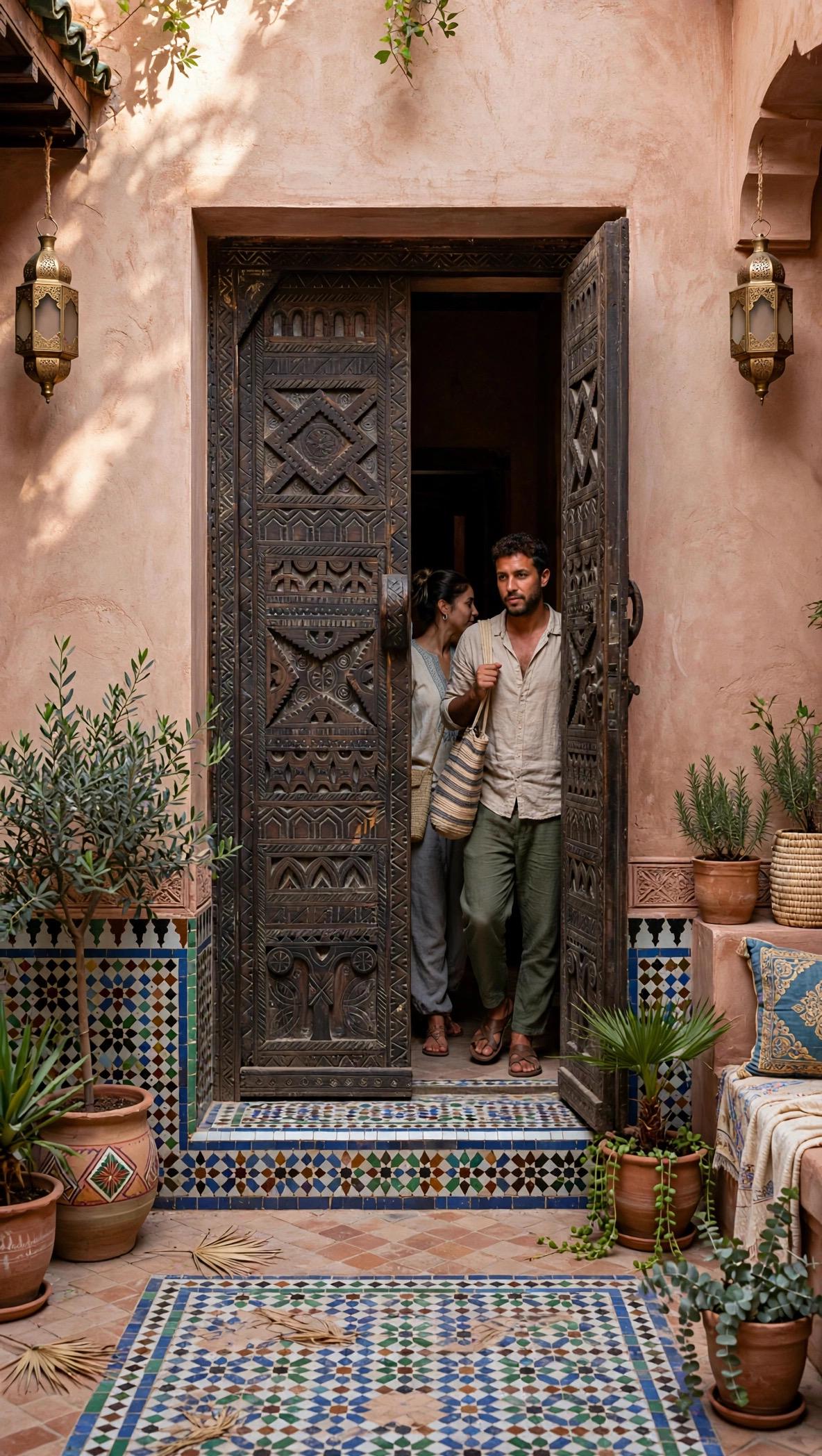 Vintage Carved Cedar Wood Door: Berber Tribal Symbols, 74.5" x 36.5"