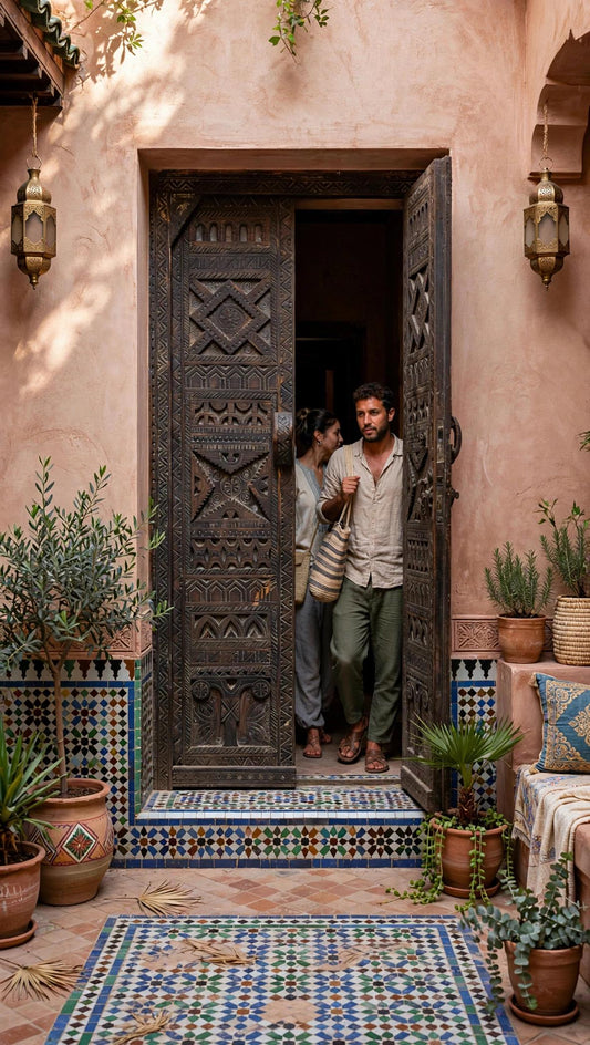 Vintage Carved Cedar Wood Door: Berber Tribal Symbols, 74.5" x 36.5"
