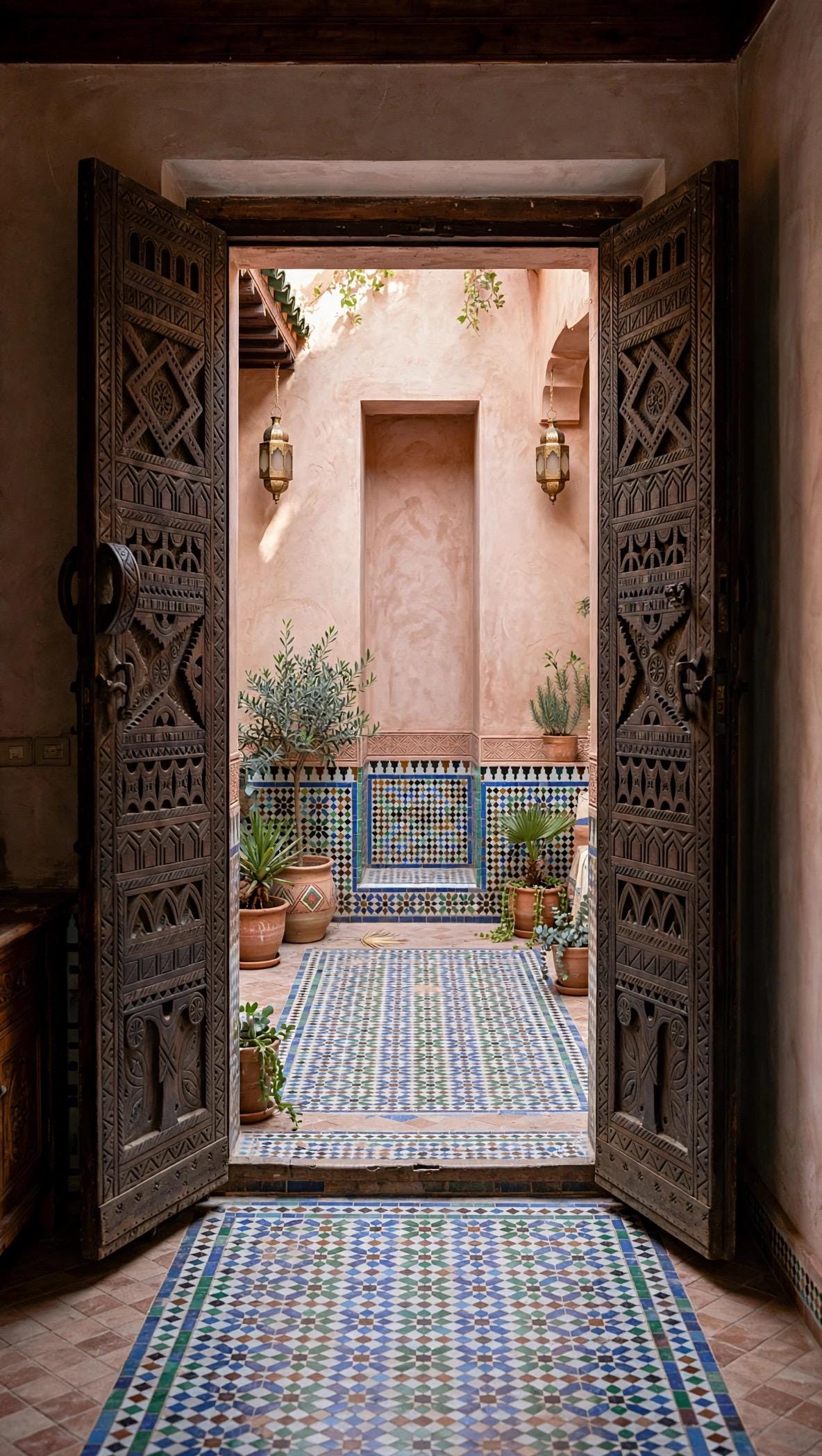 Vintage Carved Cedar Wood Door: Berber Tribal Symbols, 74.5" x 36.5"