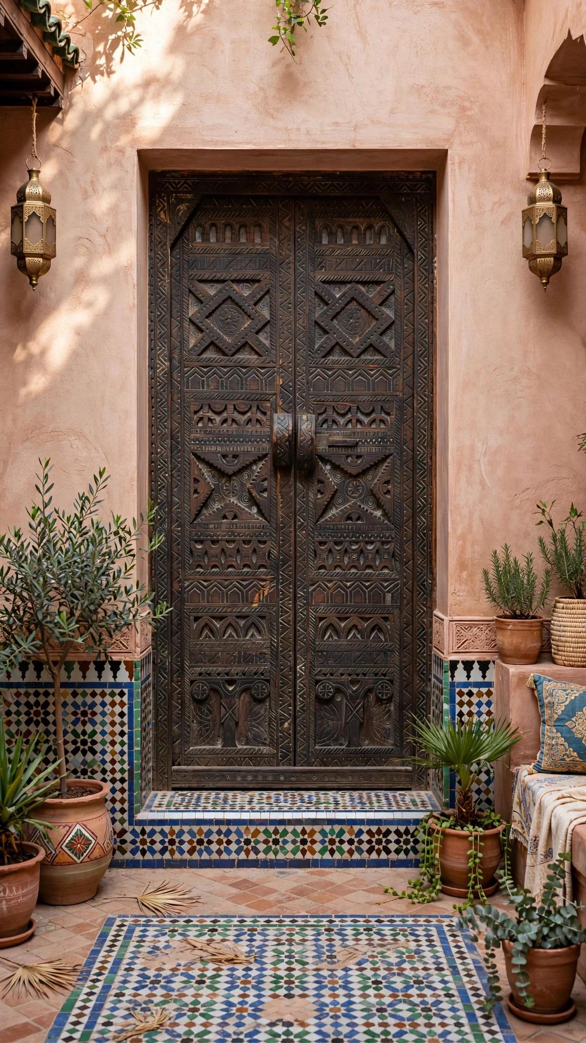 Vintage Carved Cedar Wood Door: Berber Tribal Symbols, 74.5" x 36.5"