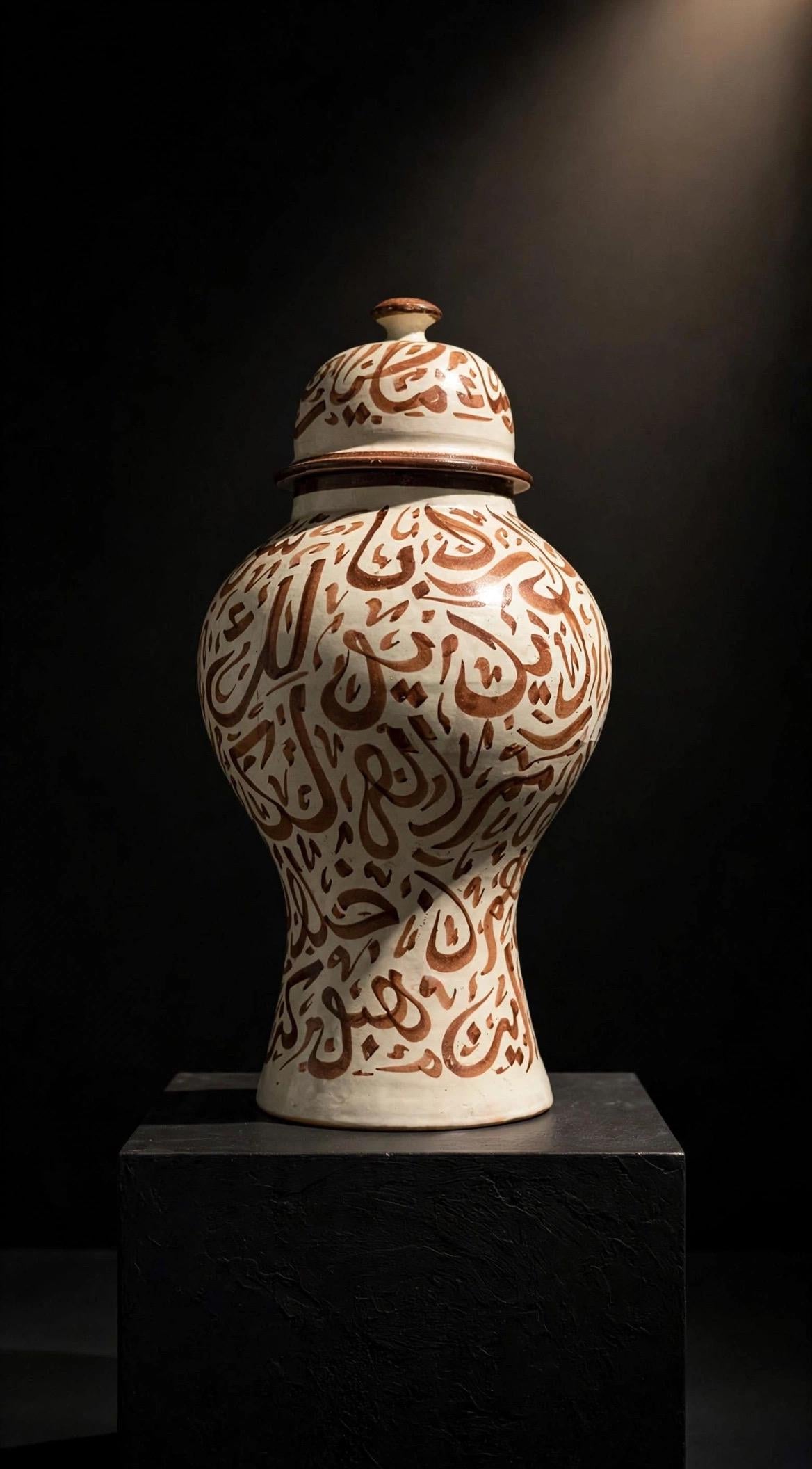 Handcrafted Moroccan ceramic ginger jar with Arabic calligraphy, featuring traditional design and intricate detailing from Justmorocco.