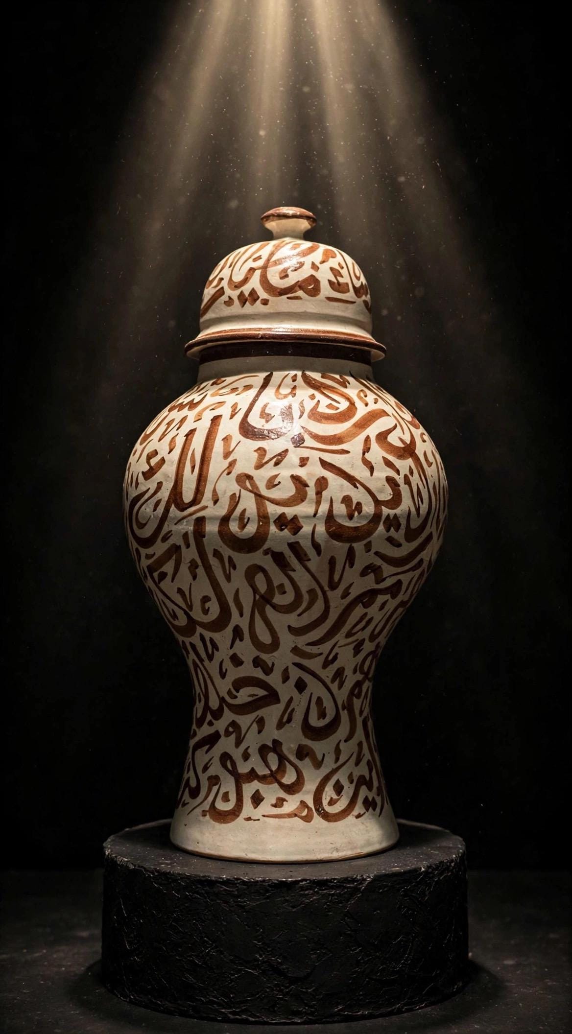 Handcrafted Moroccan ceramic ginger jar with Arabic calligraphy, featuring intricate designs and a traditional clay vase appearance.