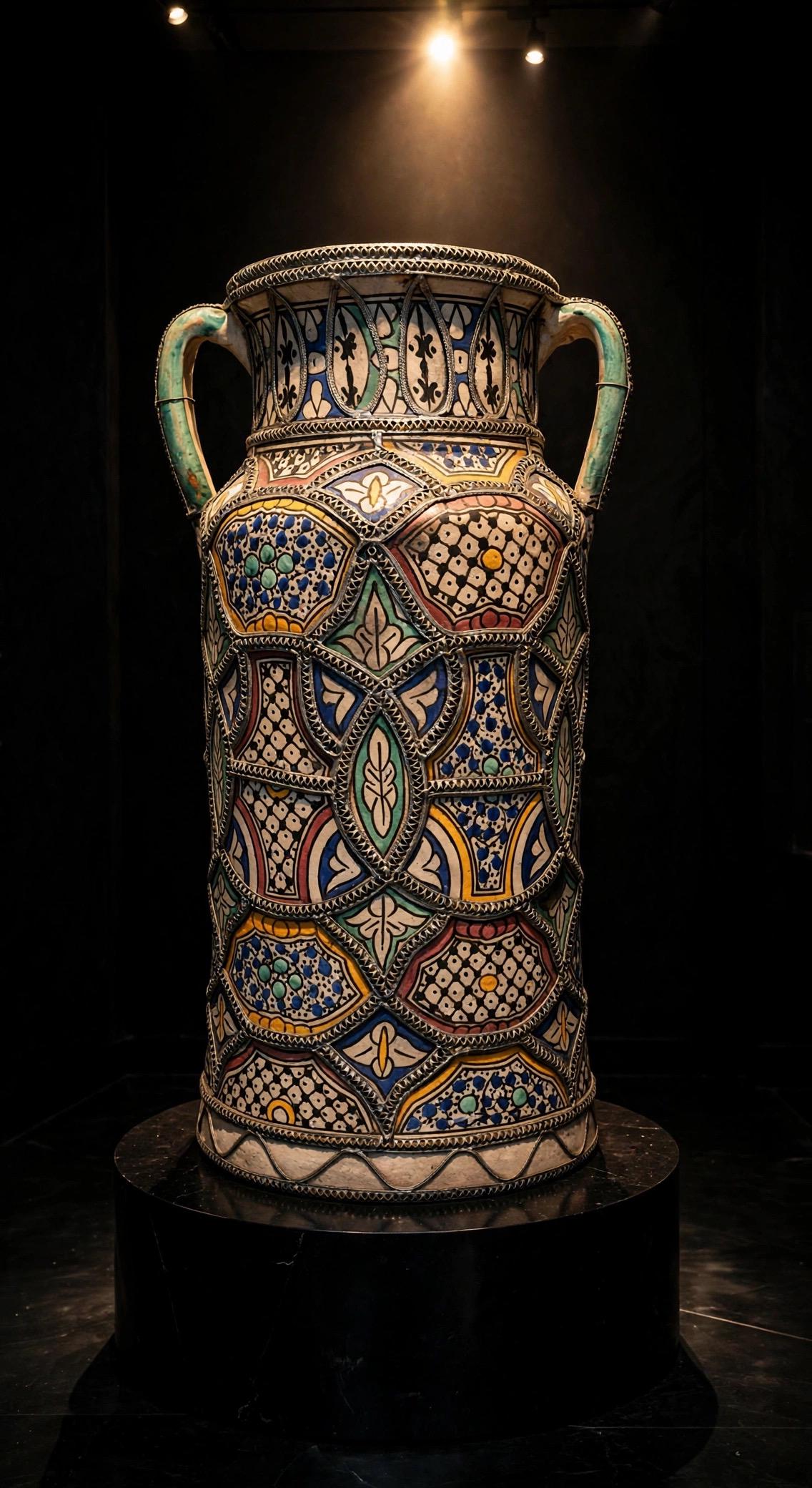One of a kind Moroccan polychrome antique jar/amphora embellished with intricate nickel-silver