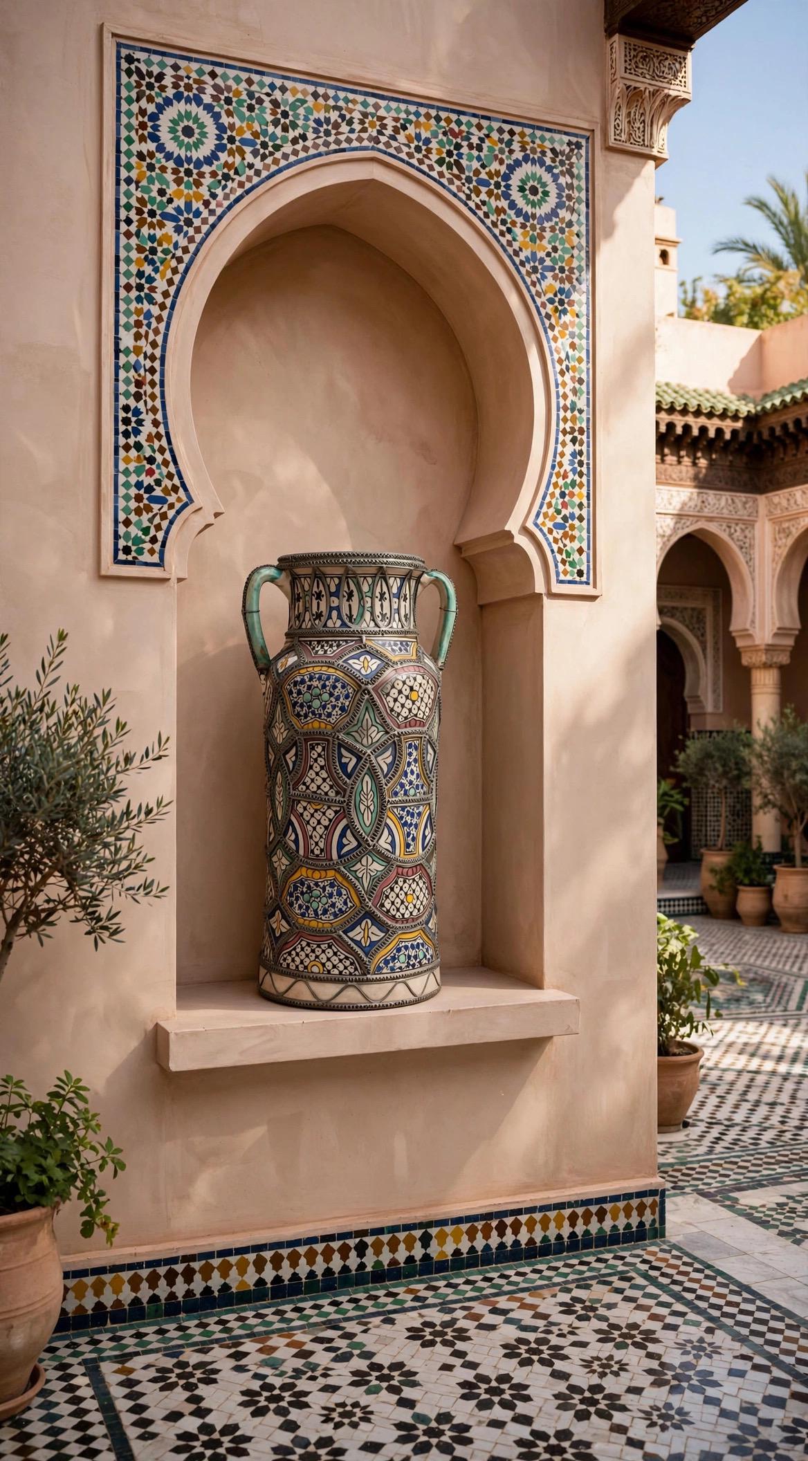 One of a kind Moroccan polychrome antique jar/amphora embellished with intricate nickel-silver