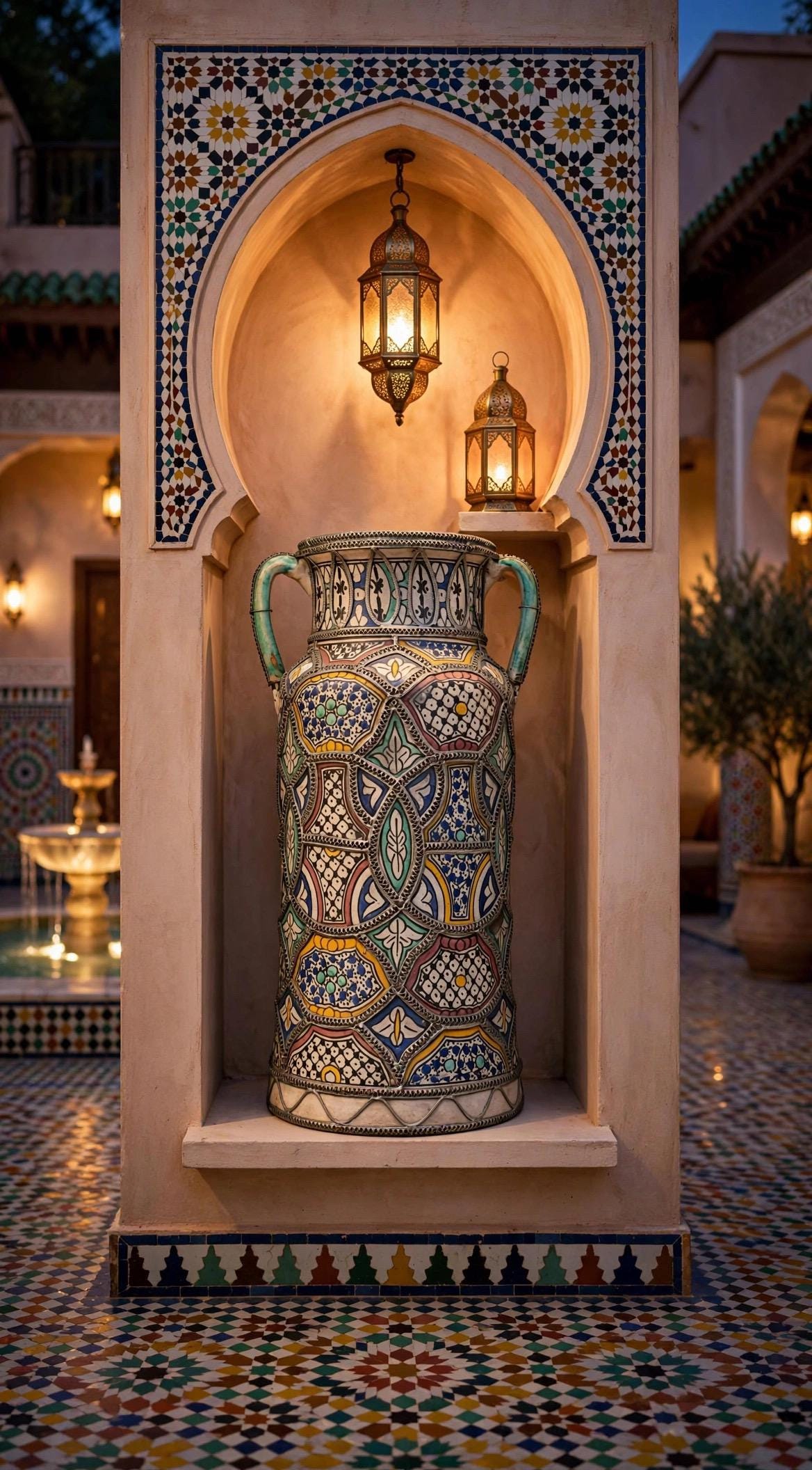 One of a kind Moroccan polychrome antique jar/amphora embellished with intricate nickel-silver