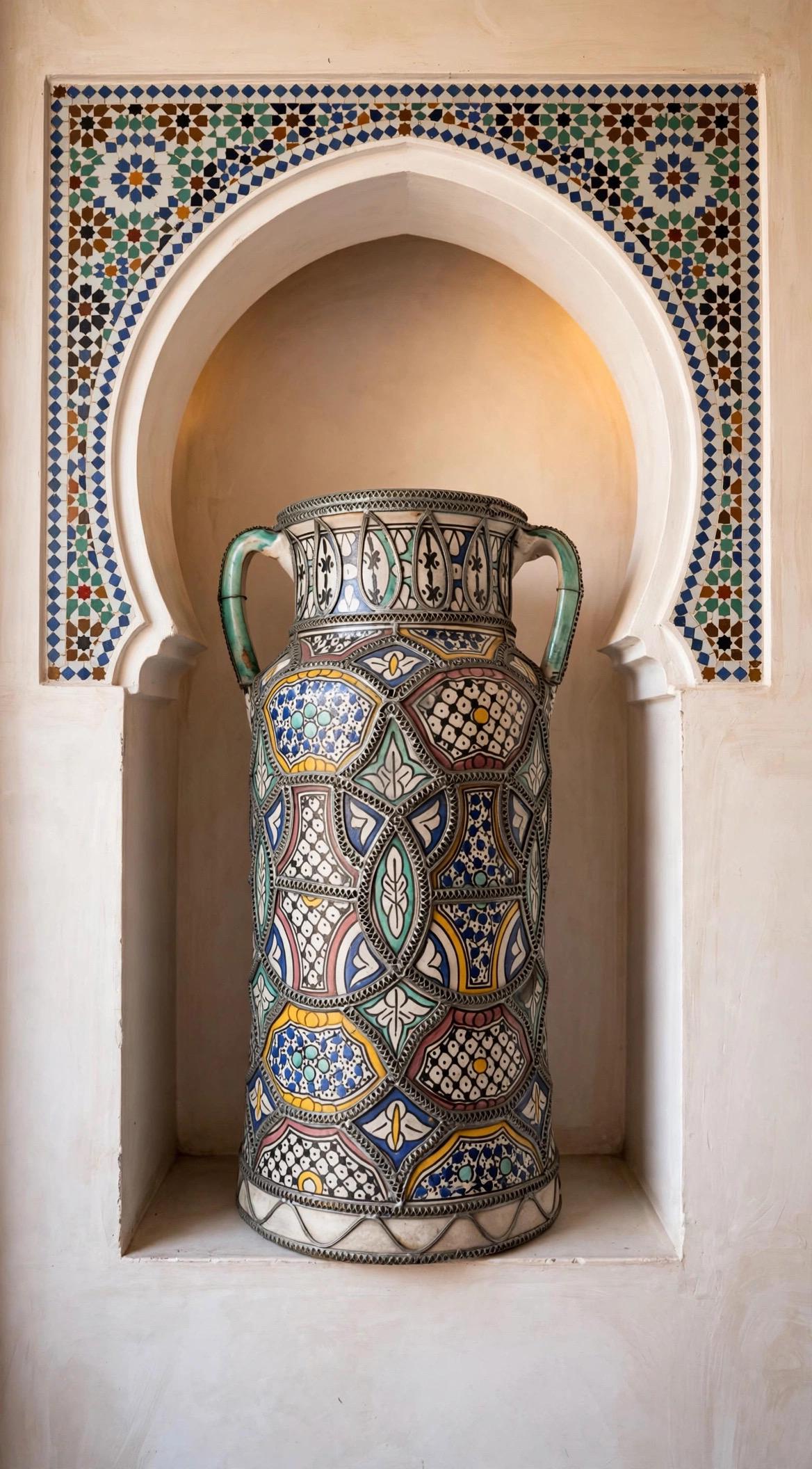 One of a kind Moroccan polychrome antique jar/amphora embellished with intricate nickel-silver