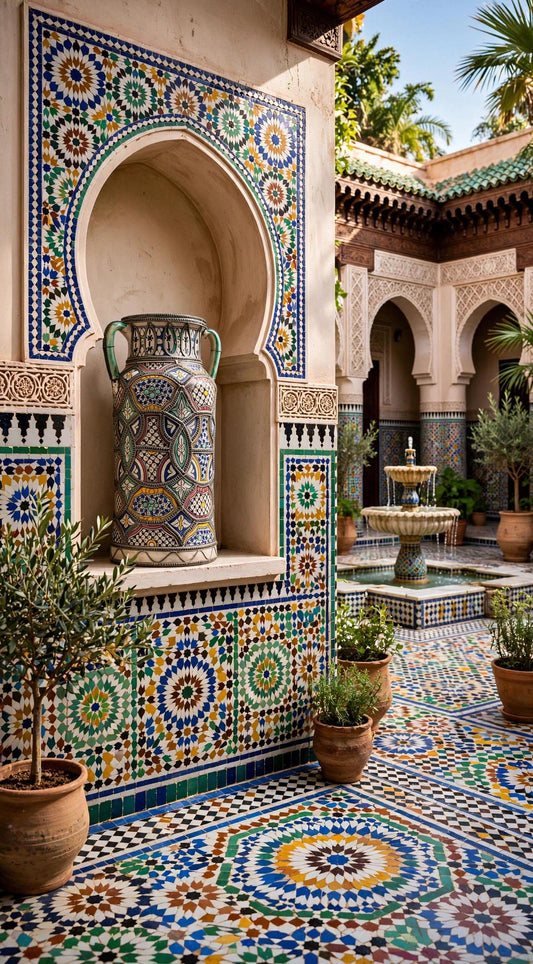 One of a kind Moroccan polychrome antique jar/amphora embellished with intricate nickel-silver