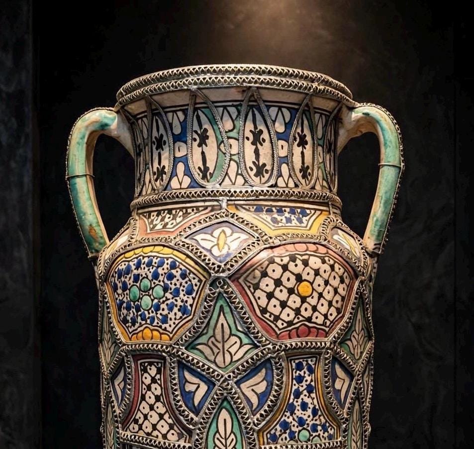 One of a kind Moroccan polychrome antique jar/amphora embellished with intricate nickel-silver