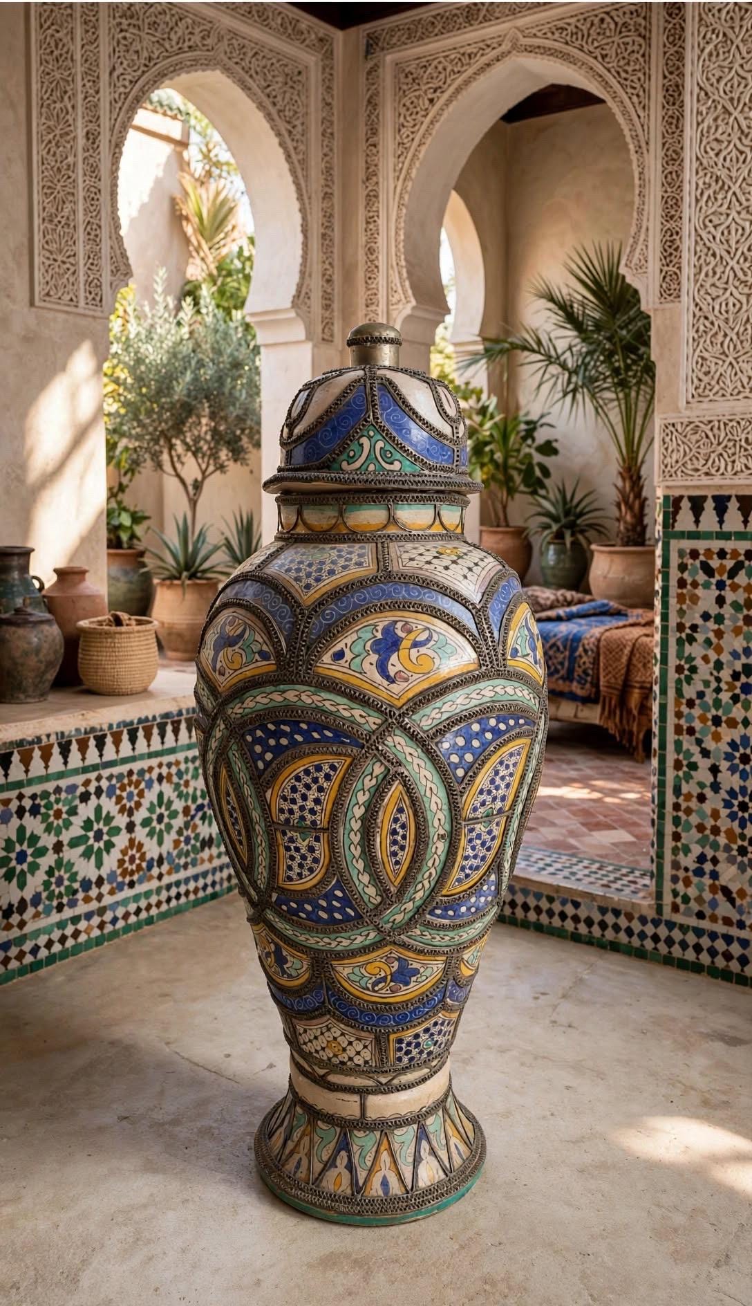 Antique Fez Clay Urn, Embossed Brass Wirework Overlay, Hand-Painted Glazed Panels