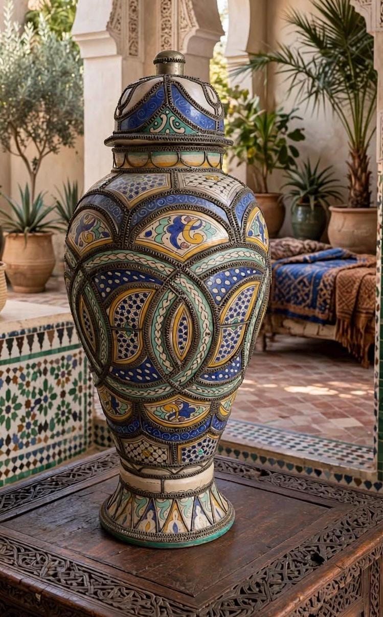 Antique Fez Clay Urn, Embossed Brass Wirework Overlay, Hand-Painted Glazed Panels