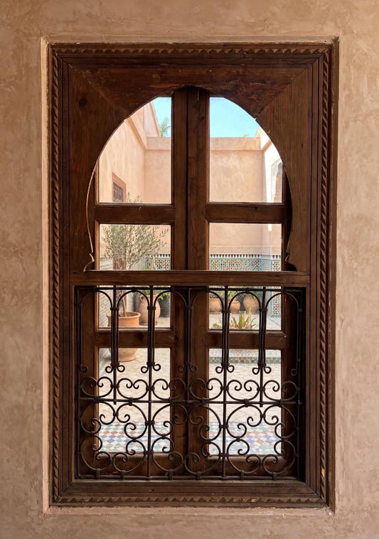 Moroccan Vintage Window with Wrought Iron Filigree, Architectural Woodwork