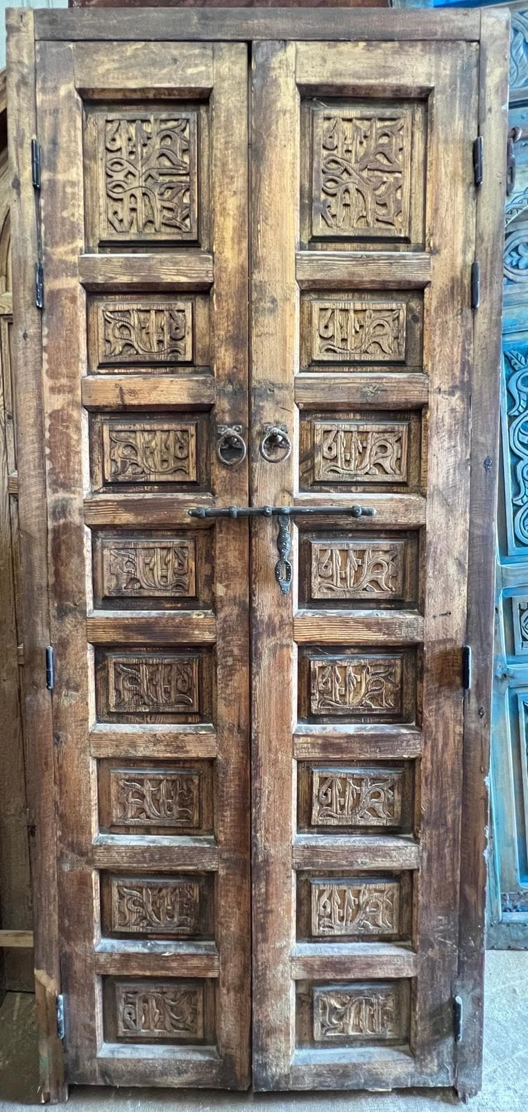 Rare  Antique berber double Door Panel: Carved Wood Moroccan Tribal wall Art decor