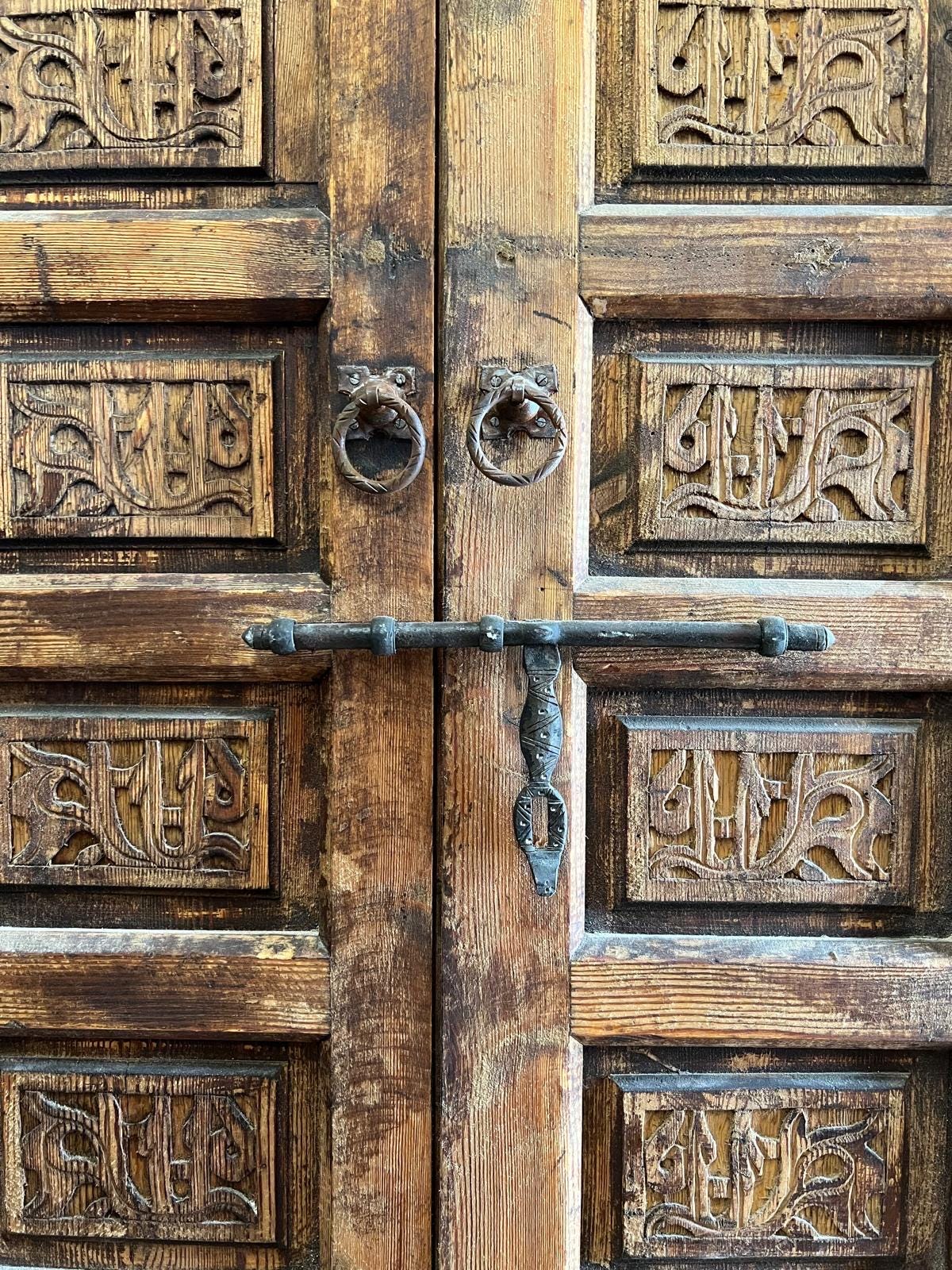 Rare  Antique berber double Door Panel: Carved Wood Moroccan Tribal wall Art decor