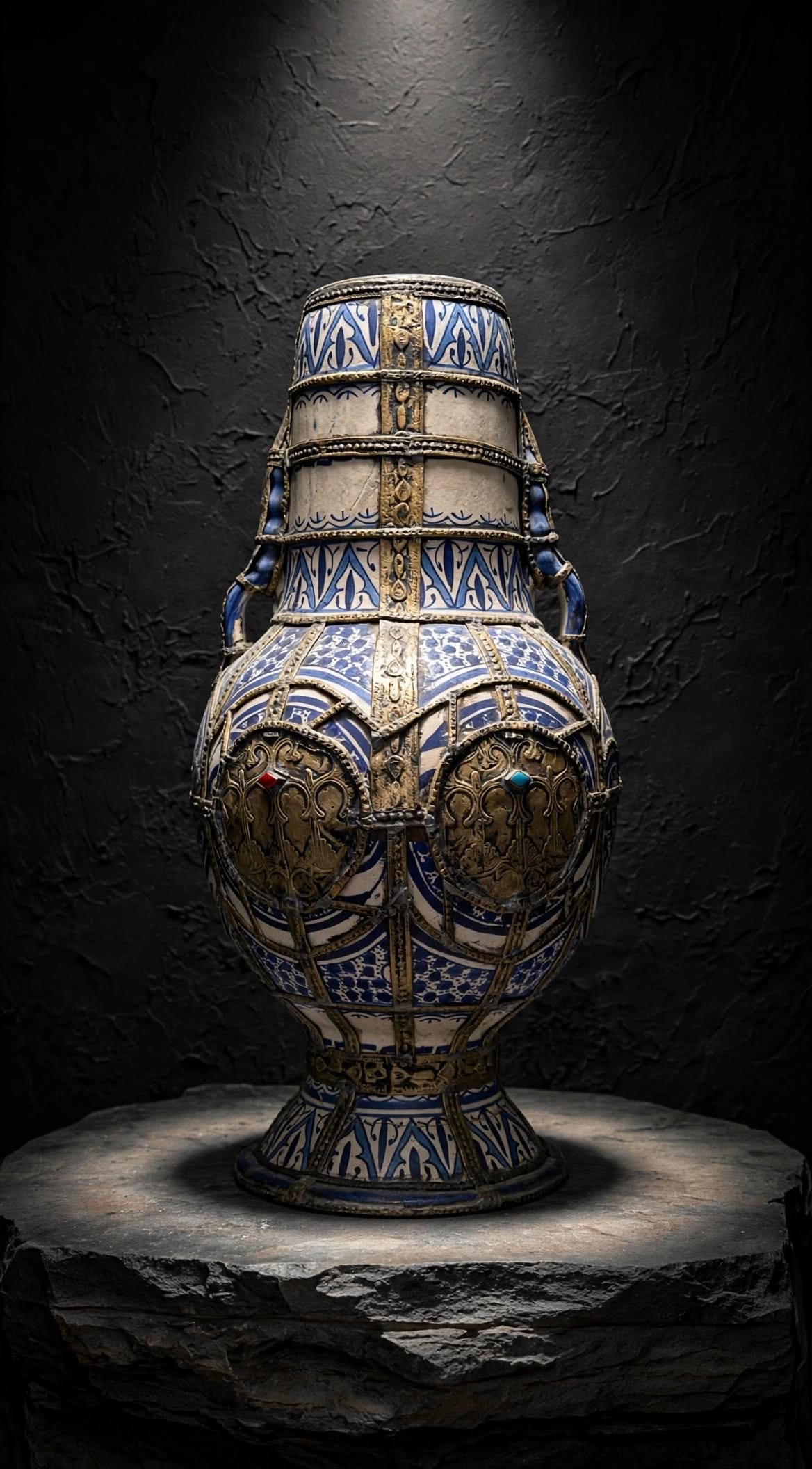 Antique Moroccan Clay Urn with Metal Wirework Overlay, Cobalt Blue Geometric Patterns