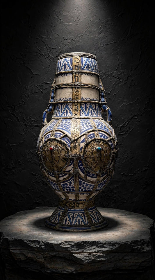 Antique Moroccan Clay Urn with Metal Wirework Overlay, Cobalt Blue Geometric Patterns