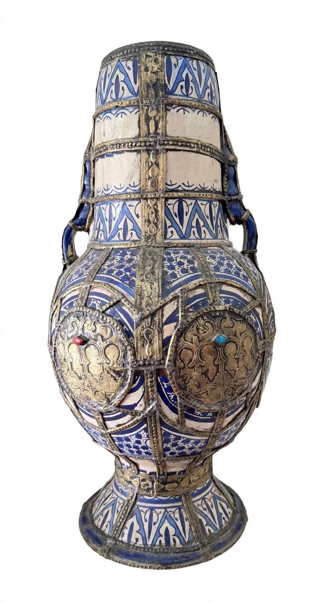 Antique Moroccan Clay Urn with Metal Wirework Overlay, Cobalt Blue Geometric Patterns