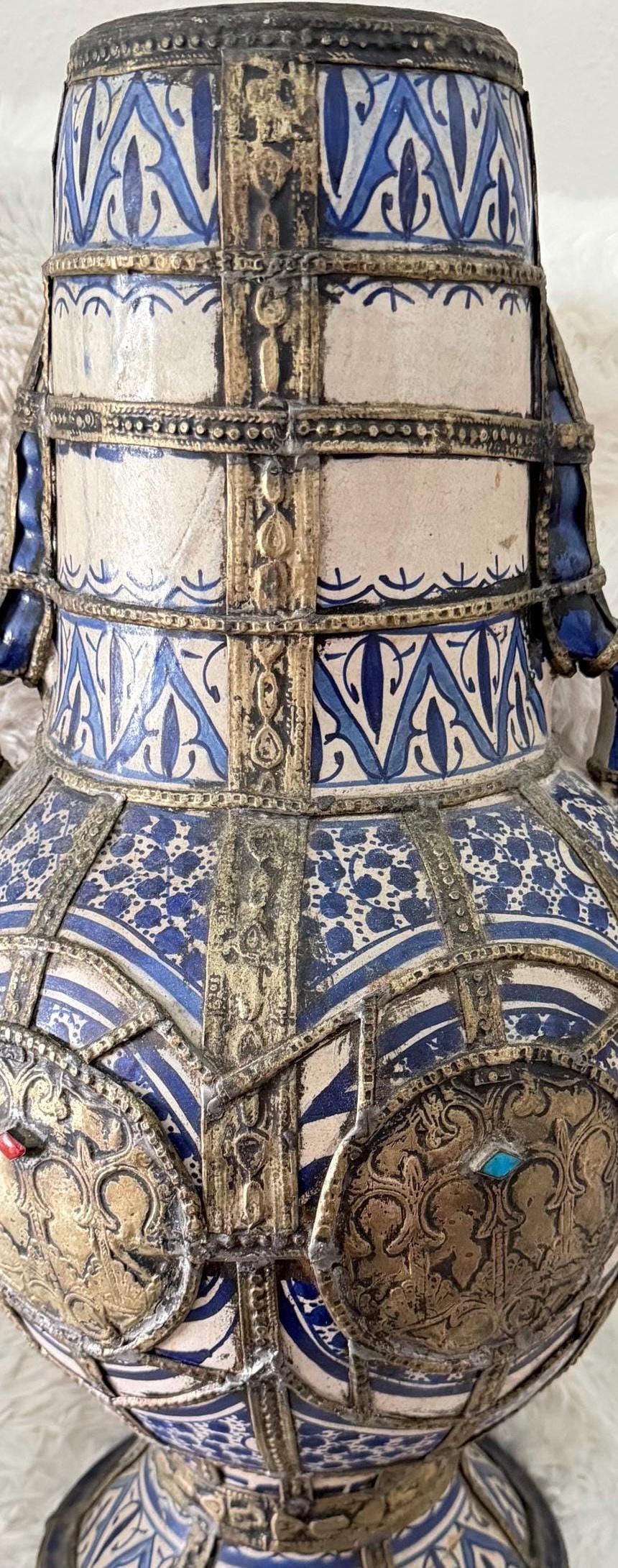 Antique Moroccan Clay Urn with Metal Wirework Overlay, Cobalt Blue Geometric Patterns