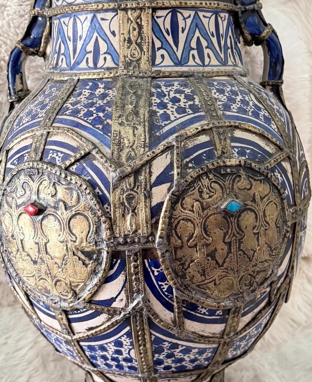 Antique Moroccan Clay Urn with Metal Wirework Overlay, Cobalt Blue Geometric Patterns