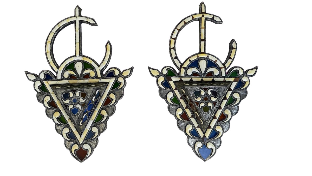 Two Antique Fibula Berber craftsmanship, geometric inlay with intricate chased metalwork. Statement piece