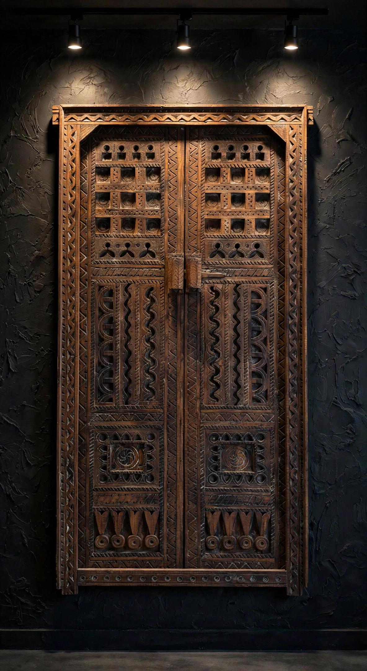 Vintage Carved Wooden Double Door Panel, Berber Symbols (73x36)