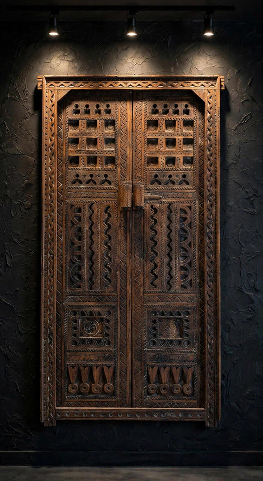 Vintage Carved Wooden Double Door Panel, Berber Symbols (73x36)
