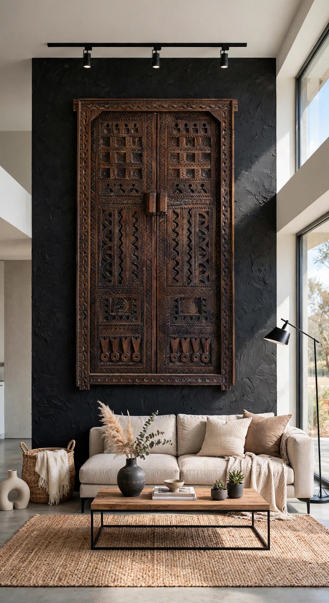 Vintage Carved Wooden Double Door Panel, Berber Symbols (73x36)