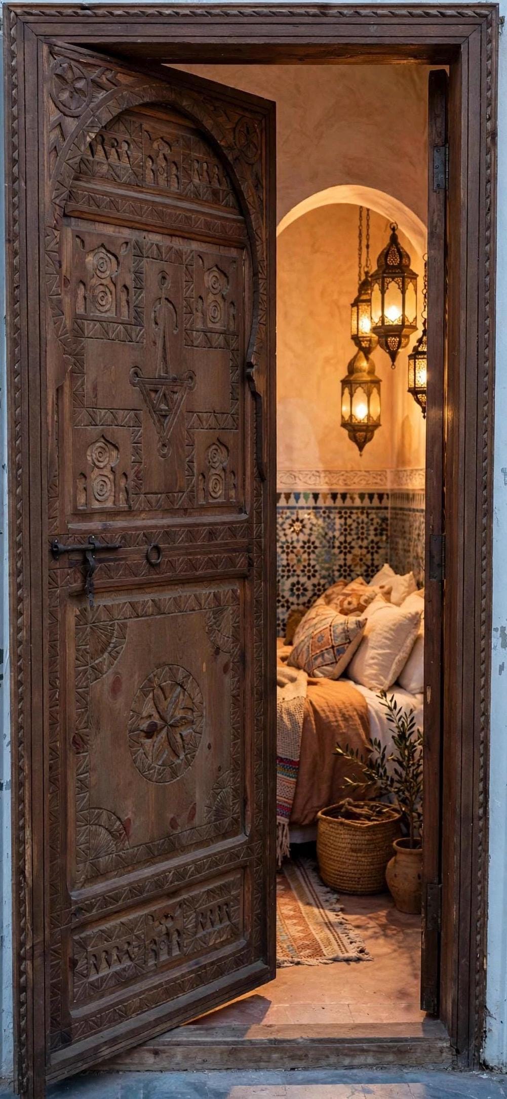 Hand Carved Berber Door: Vintage Moroccan Touareg Cedar, 79" x 32.5"