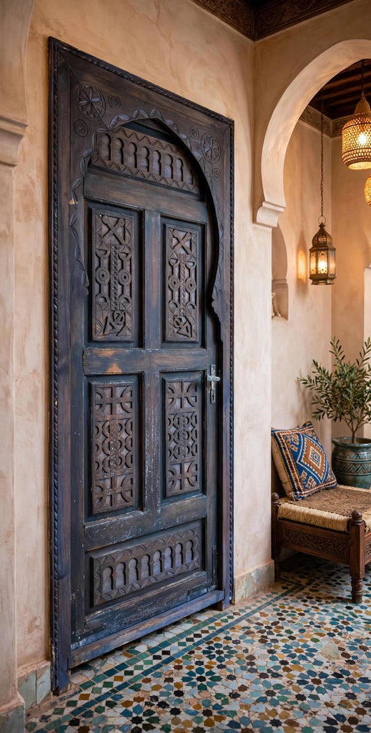 Hand Carved Berber Door: Vintage Moroccan Touareg Cedar Wood (76” x 34”)