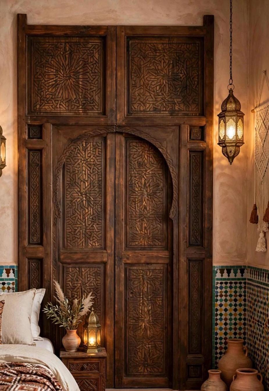 Hand Carved Moroccan Double Door Panels, Cedar Moorish Artwork (104x49)