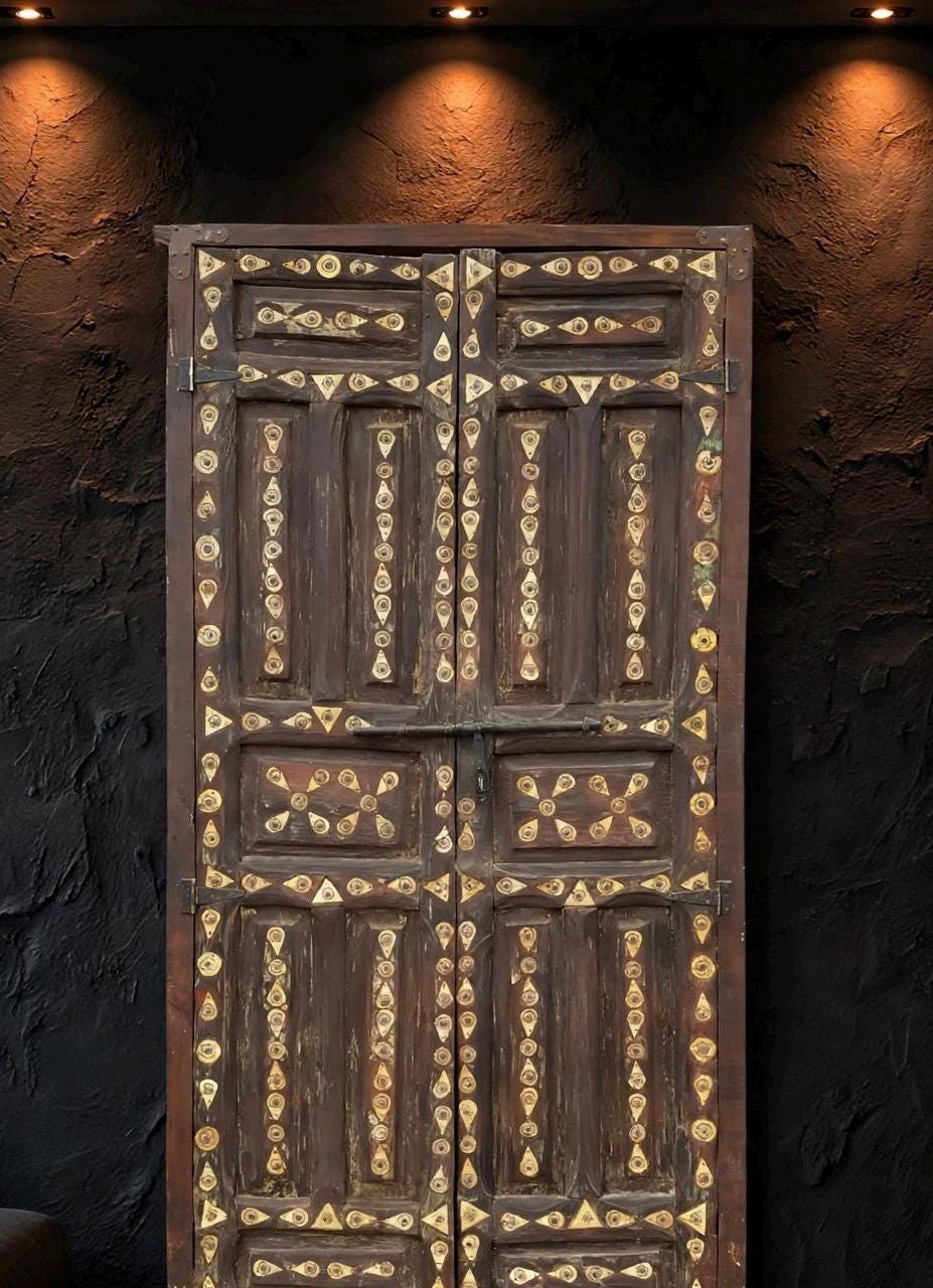Unique inlay Cedar Door, Antique Moroccan Riad Double Panels