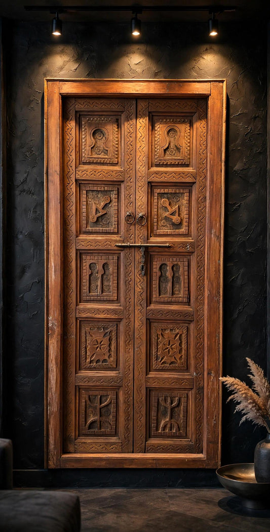 Vintage Carved Cedar Window Panels, Berber Tribal Decor (71x31.5)