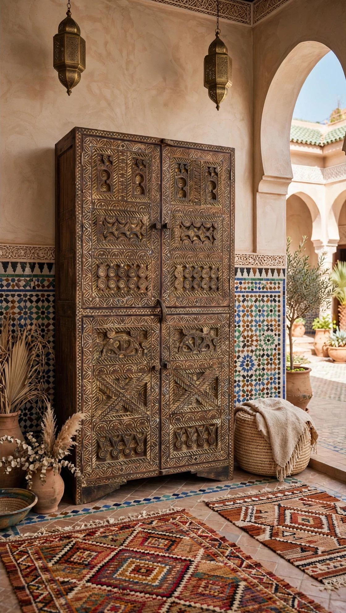 Rustic carved wood wardrobe : Vintage Carved Wooden armoire, Handcrafted statement furniture