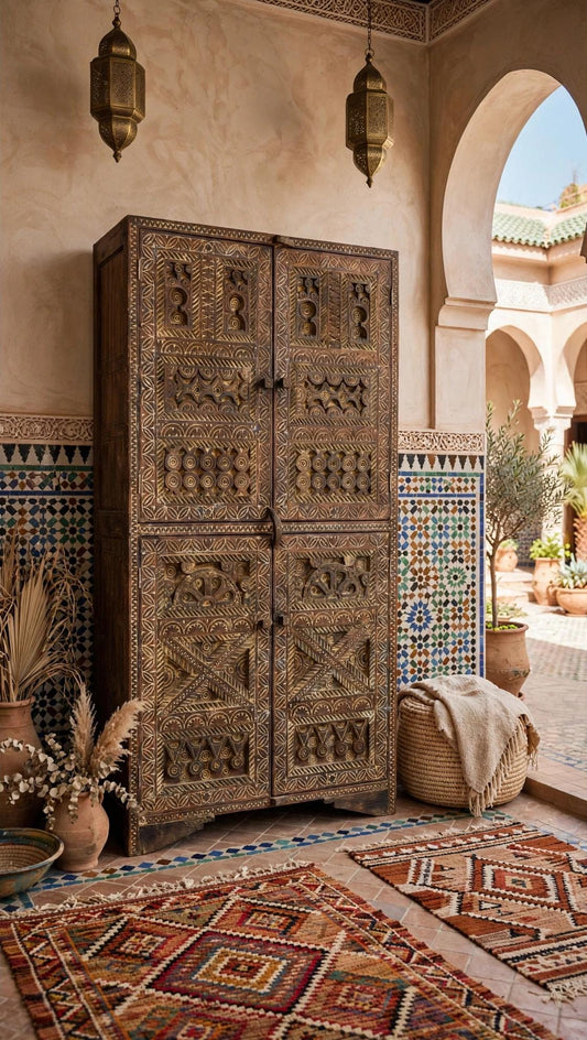 Rustic carved wood wardrobe : Vintage Carved Wooden armoire, Handcrafted statement furniture