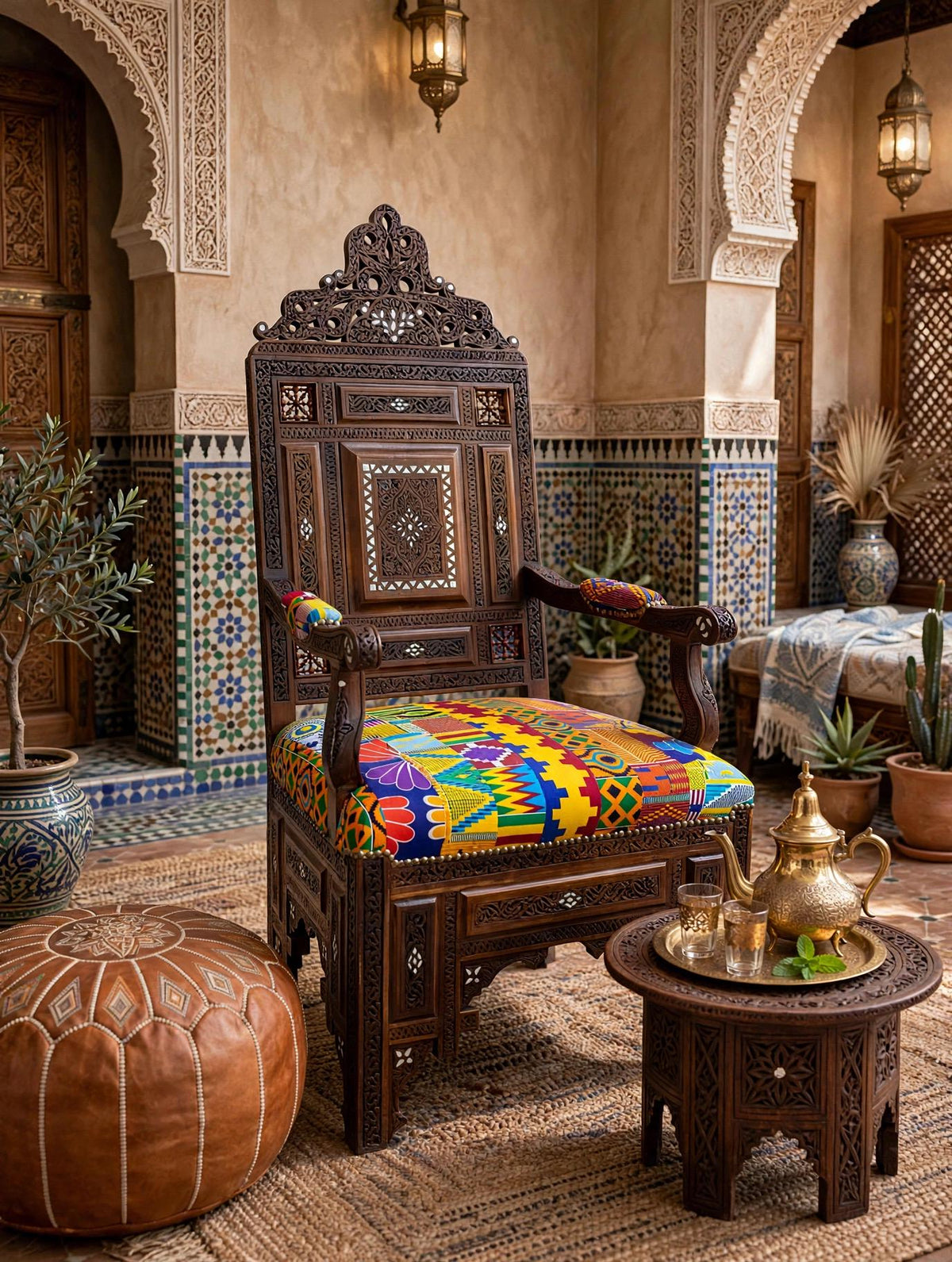 Vintage Hand Carved Syrian Chair | Mother of Pearl Inlay, African Fabric
