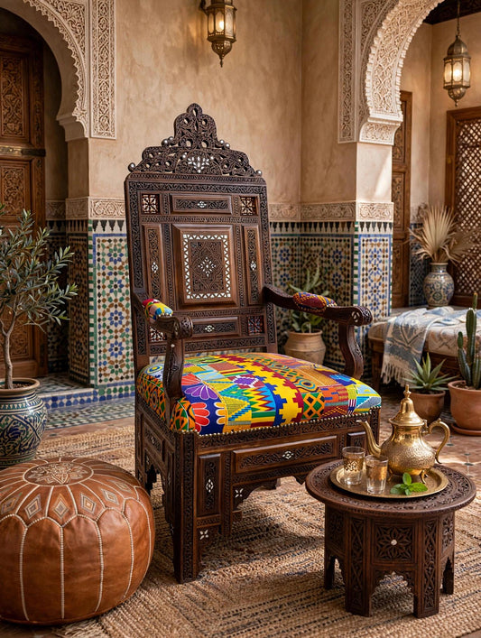 Vintage Hand Carved Syrian Chair | Mother of Pearl Inlay, African Fabric