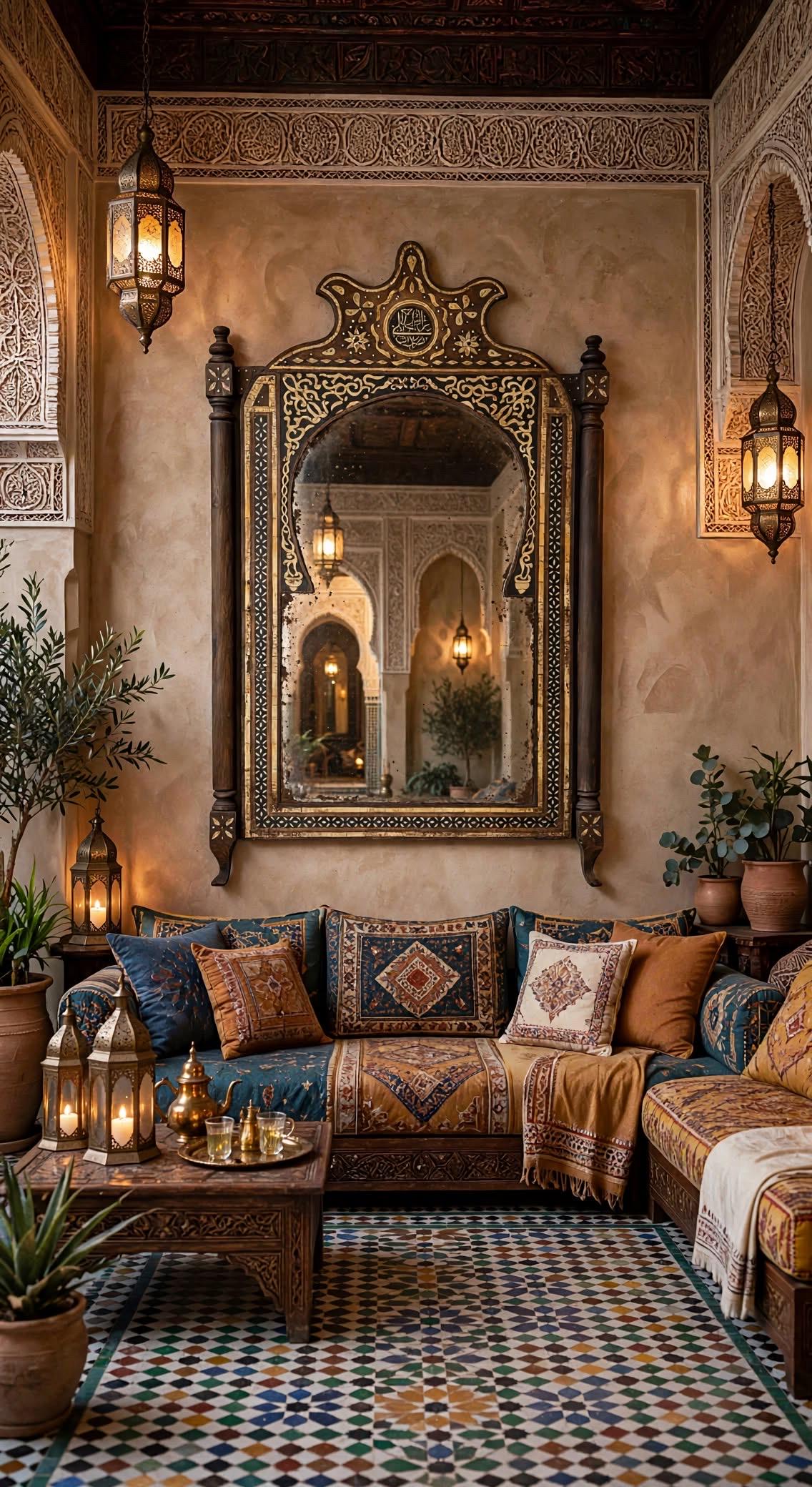 Handmade Moroccan Inlay Camel Bone Mirror, Arabic Calligraphy