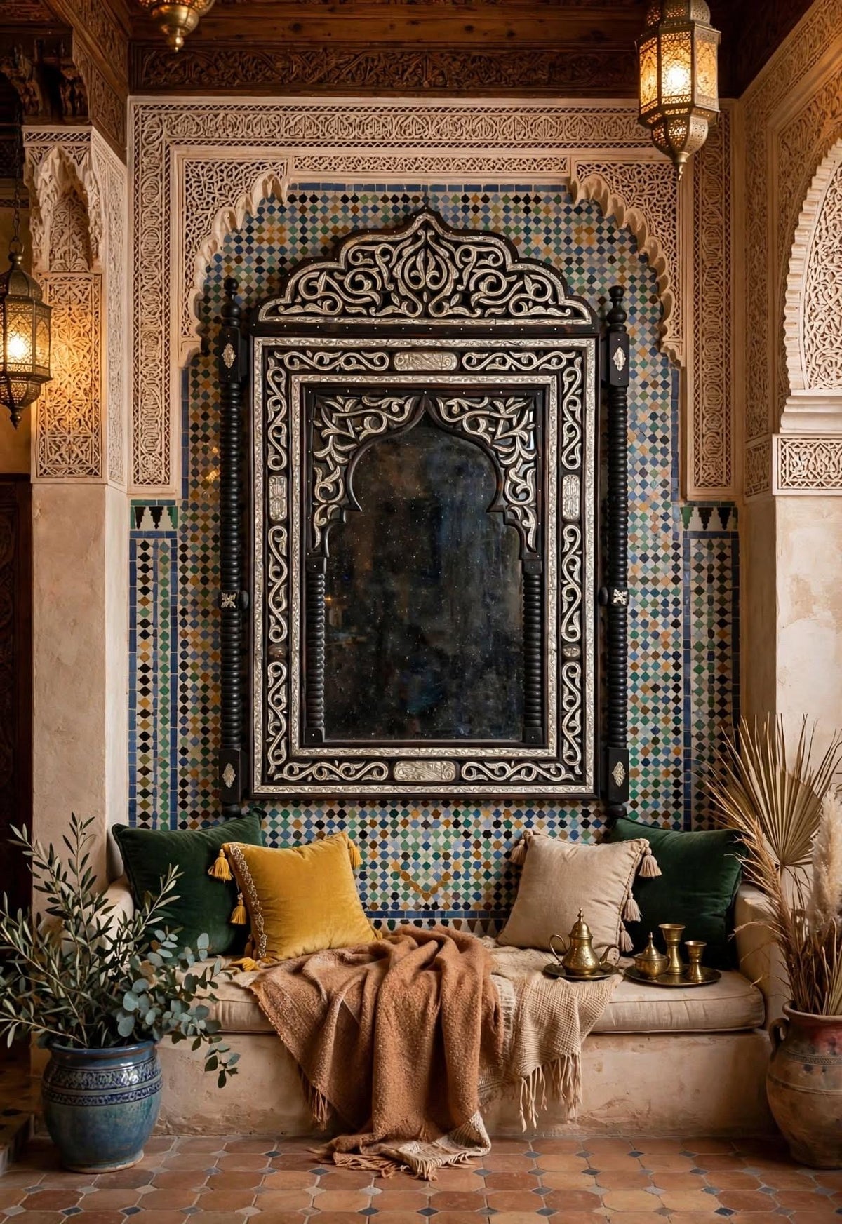 Handmade Moroccan Mirror: Inlay Camel Bone, Moorish Design (75.5x47")
