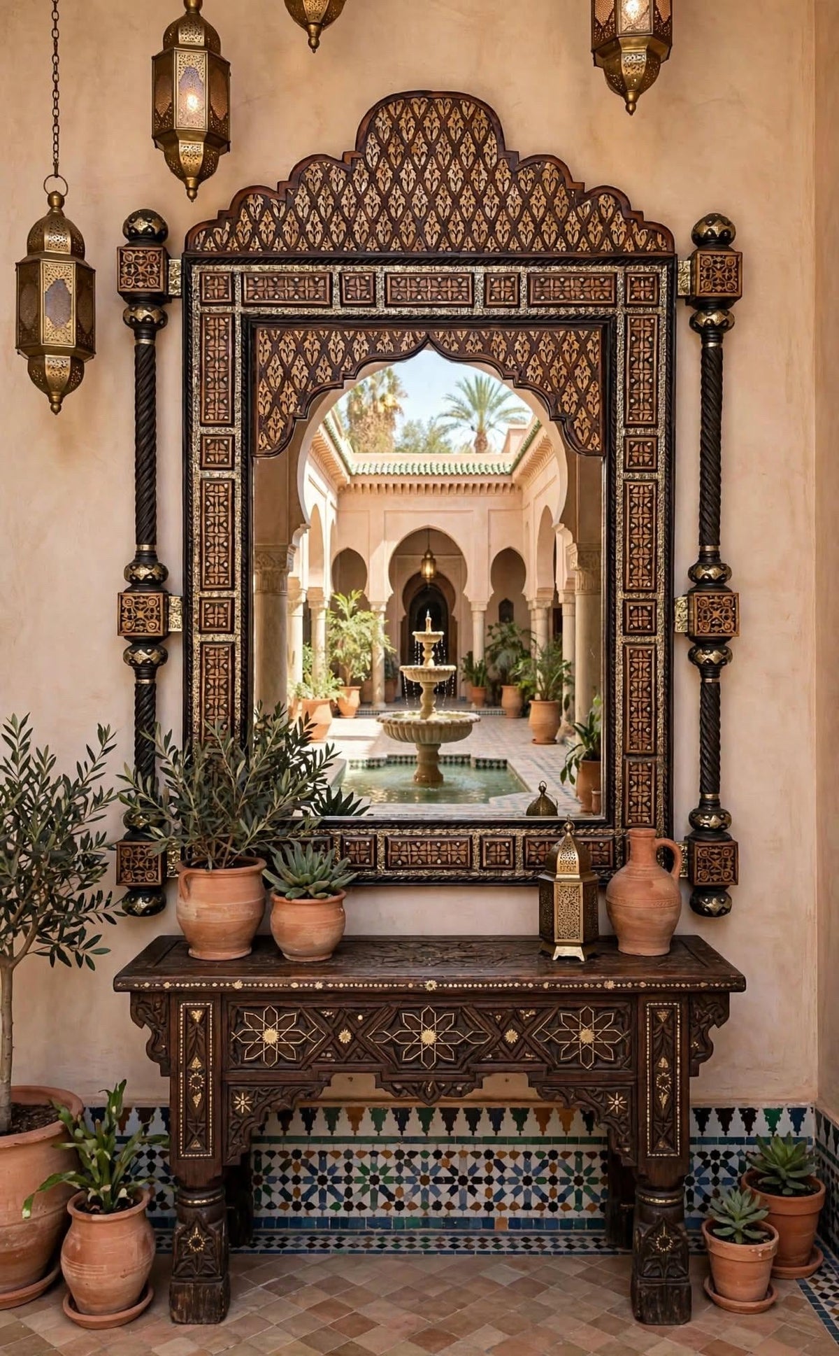 Giant Moroccan Mirror: Vintage Inlay, Camel Bone, Handmade