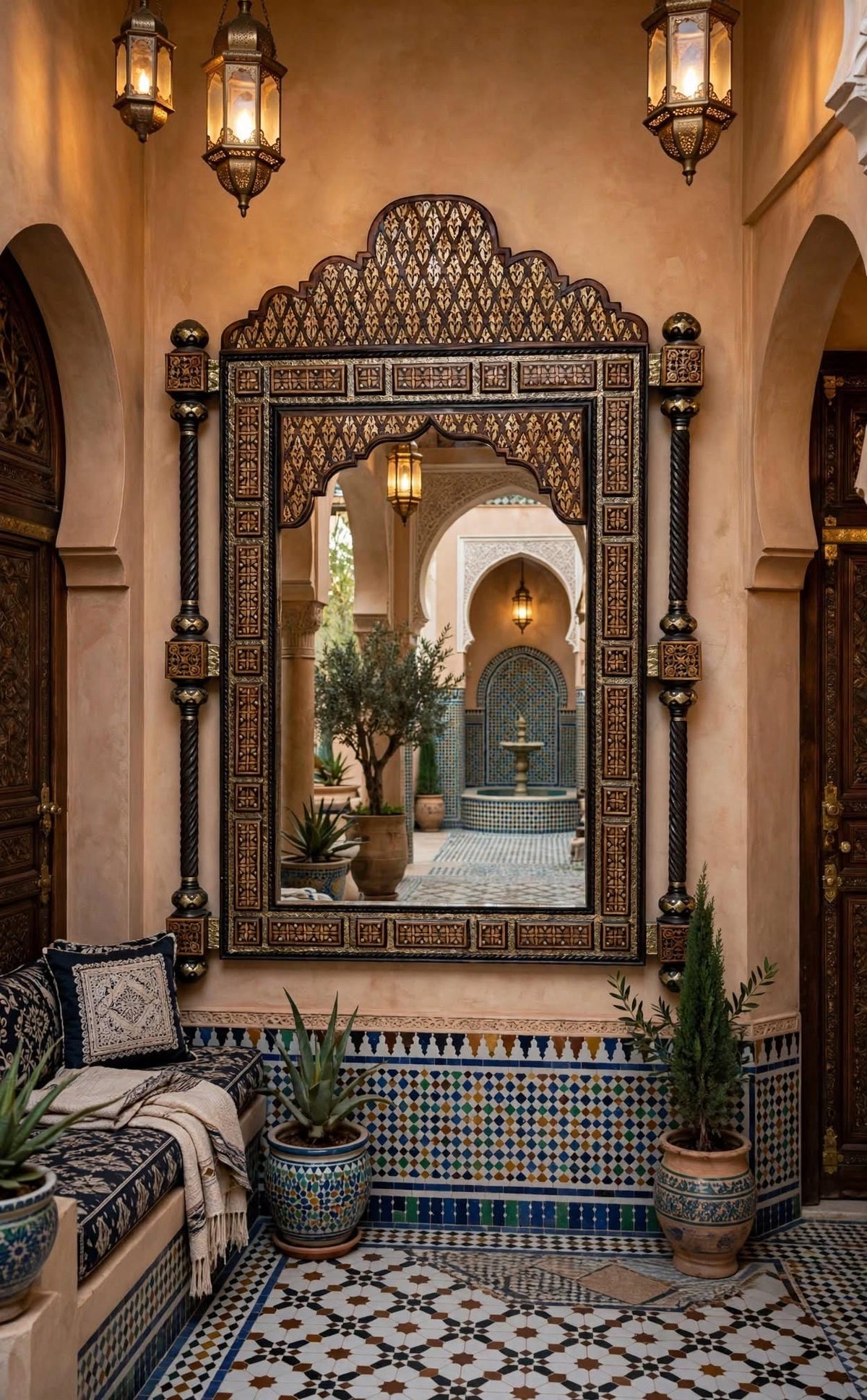 Giant Moroccan Mirror: Vintage Inlay, Camel Bone, Handmade
