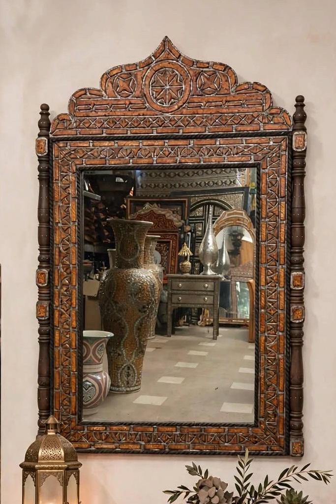 Handmade Moroccan Mirror, Orange Camel Bone Inlay, Berber Design