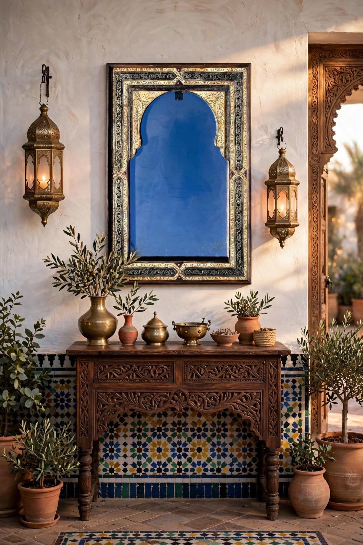 Handmade Moorish Arch Mirror: Silver Camel Bone Inlay, Moroccan Decor (39.5” x 26.5”)