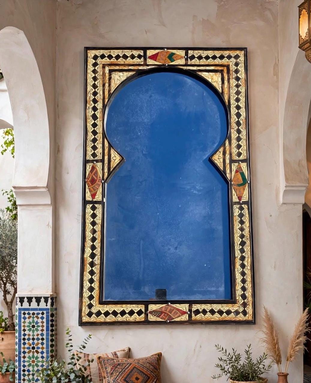 Moorish Arch Mirror: Handmade Silver Camel Bone Inlay, Moroccan Decor (40x24)