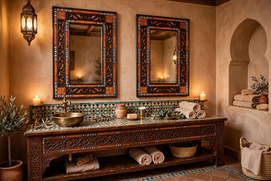 Moroccan Bone Inlay Mirror: 41” Vintage Rectangular Wall Decor