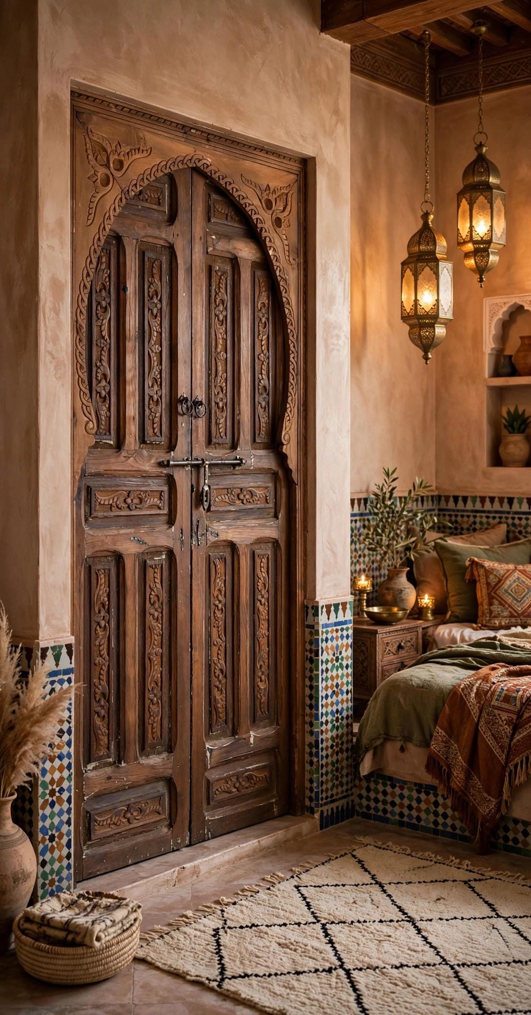 Handmade Vintage Moroccan Carved Wood Door Panels (78x40)