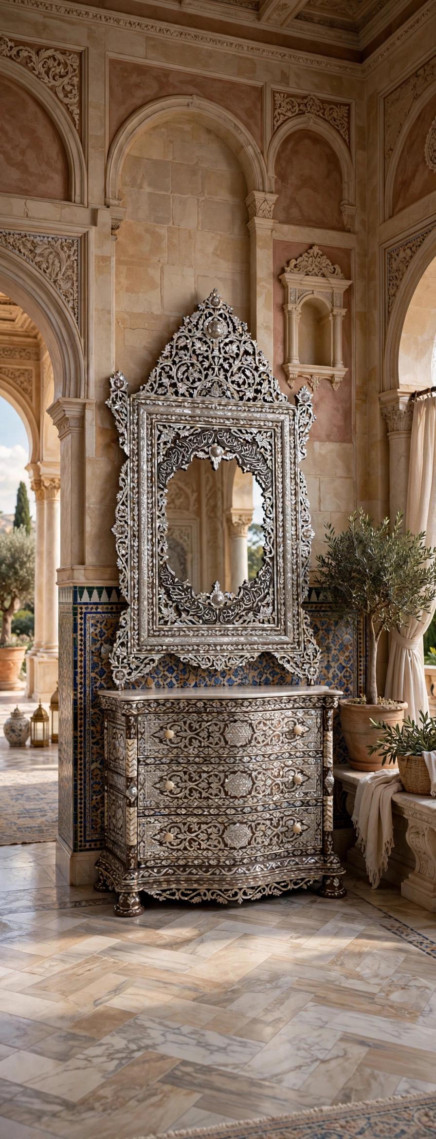 Vintage Mother of Pearl Inlay Chest of Drawers with Mirror, Middle Eastern Calligraphy
