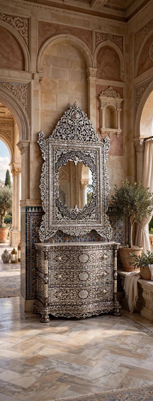 Vintage Mother of Pearl Inlay Chest of Drawers with Mirror, Middle Eastern Calligraphy