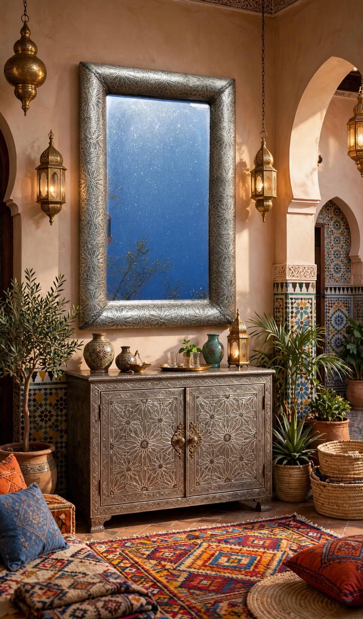 Hand Tooled Moroccan Silver Star Mirror, Moorish Decor (39x23")