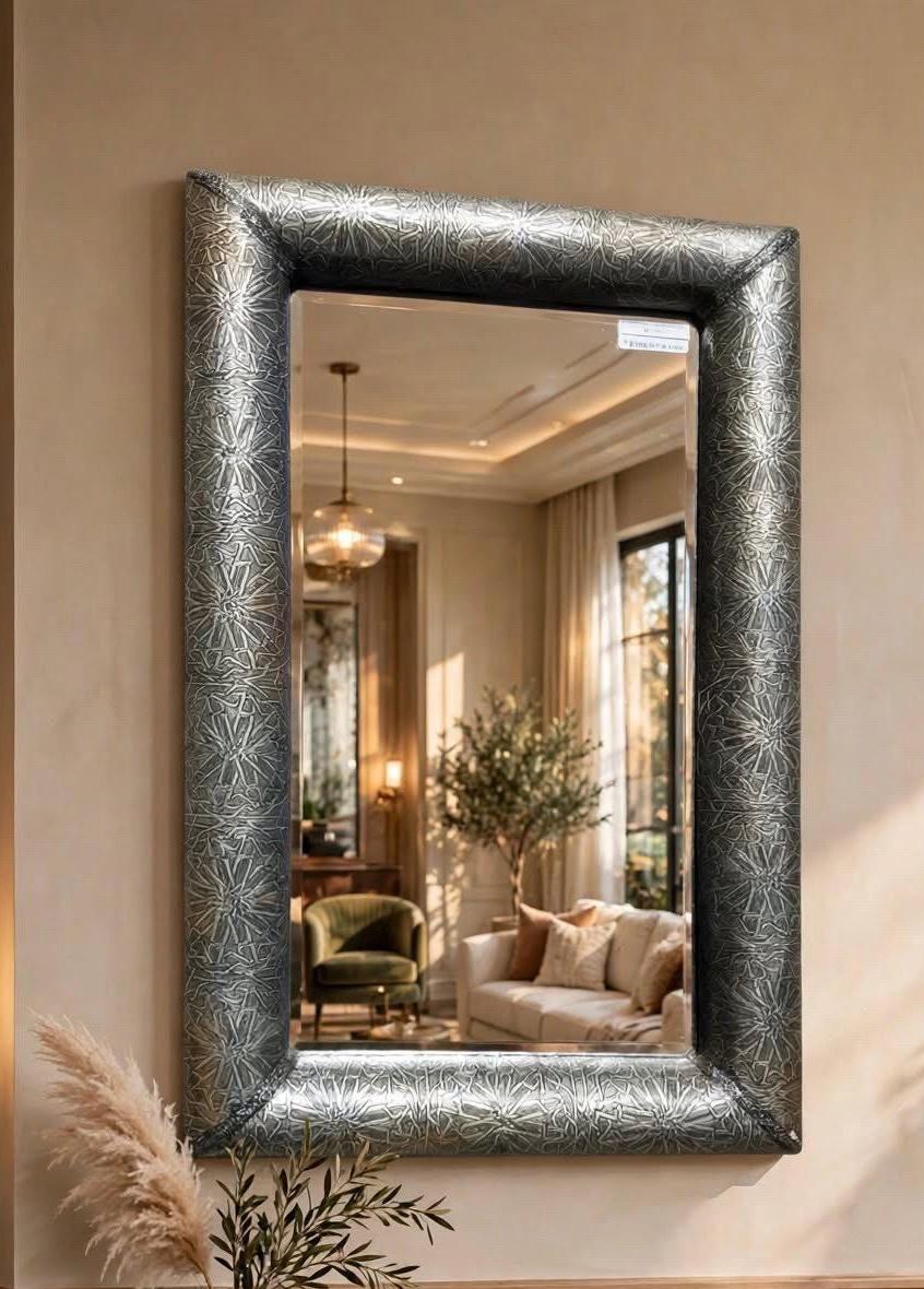 Hand Tooled Moroccan Silver Star Mirror, Moorish Decor (39x23")